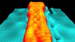 Scanning tunneling microscopy image shows a variable-width graphene nanoribbon. Atoms are visible as individual “bumps.”