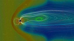 This graphic shows the magnetic field surrounding the Earth and how it reacted to energy and plasma from a solar flare caused by magnetic reconnection. 