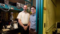 Professor Michael Strano (left) and postdoc fellow Juan Pablo Giraldo in their lab.