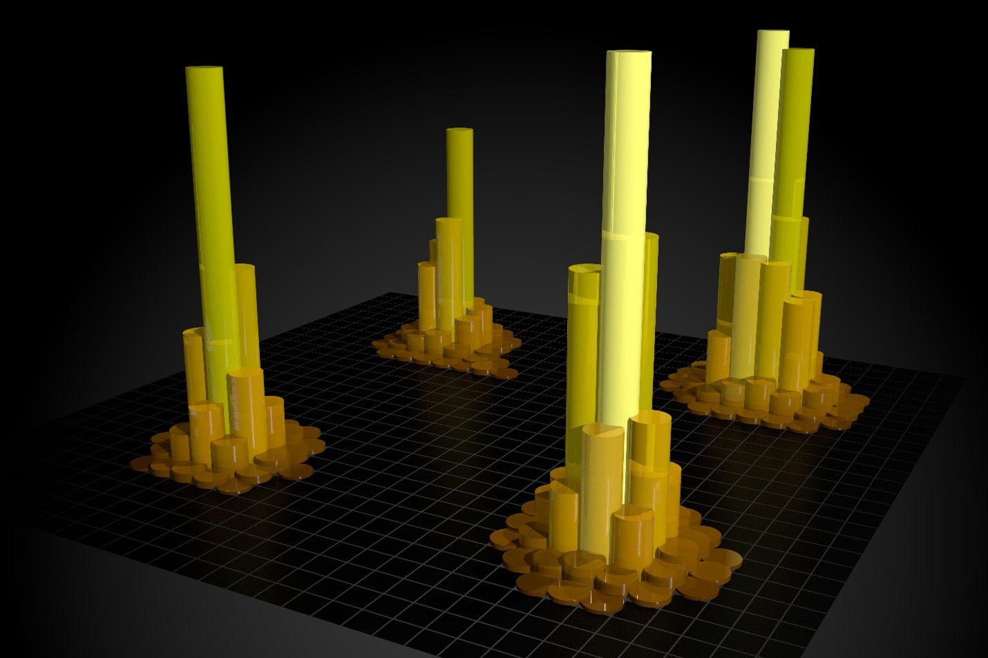 Visualization of Bragg diffraction peaks in an undeformed bi-crystal gold sample. The height denotes photon counts. This data was produced at the Advanced Photon Source and processed at the ThetaGPU supercomputer using AI models.