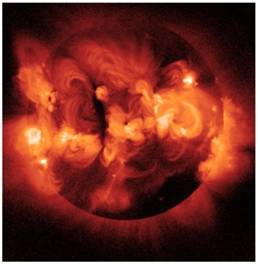 Surface of the sun, showing flares and sunspots